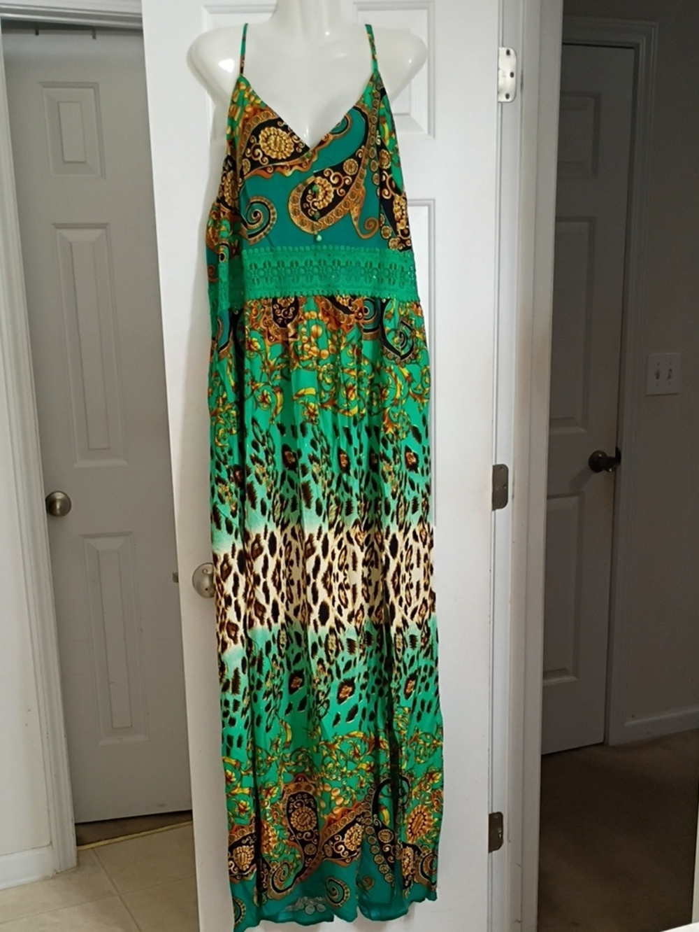 Fashion Nova Teal Green Paisley & Leopard Print Maxi Dress